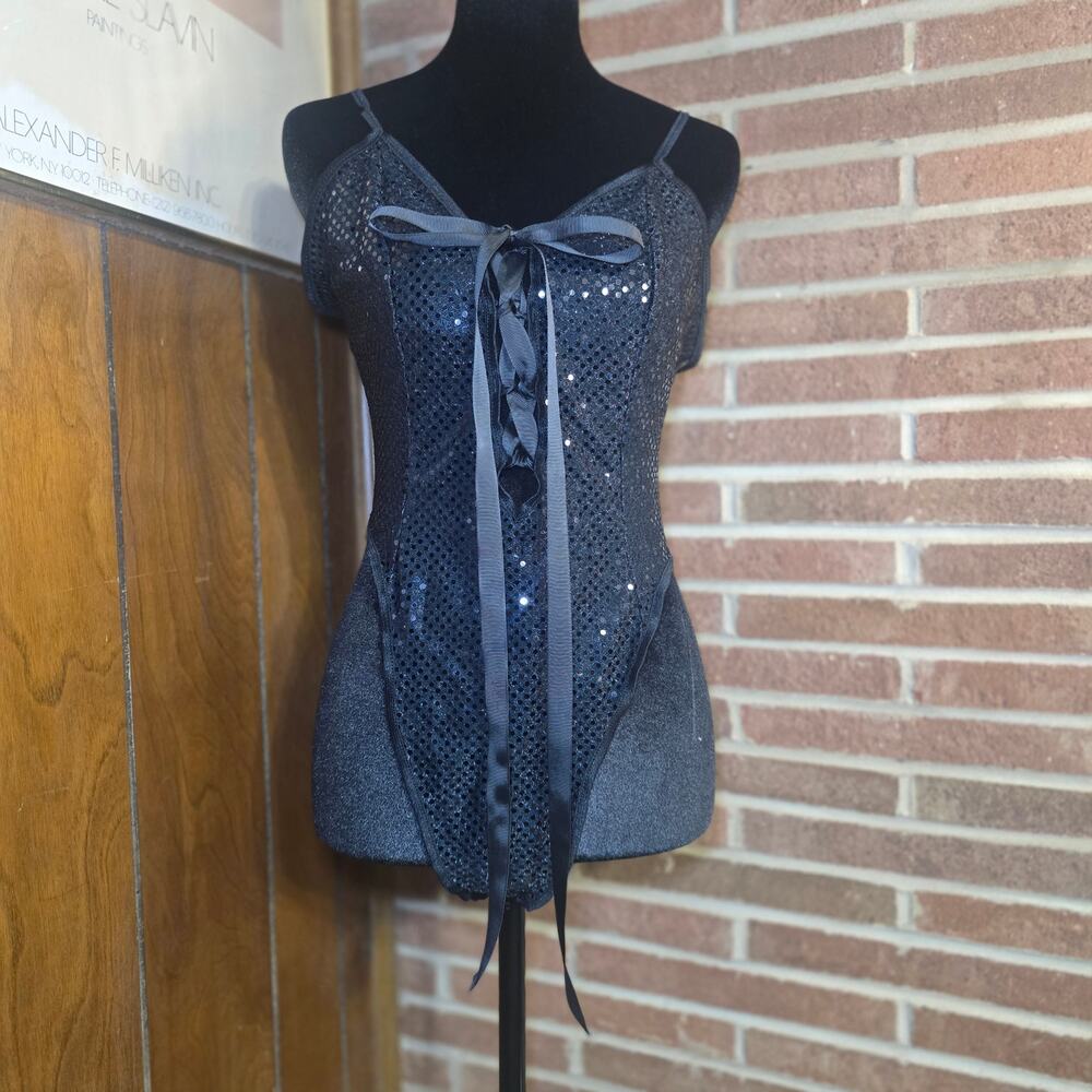 VTG Cinema Étoile Black Sequin Lace Up Teddy Bodysuit Lingerie Large USA Goth